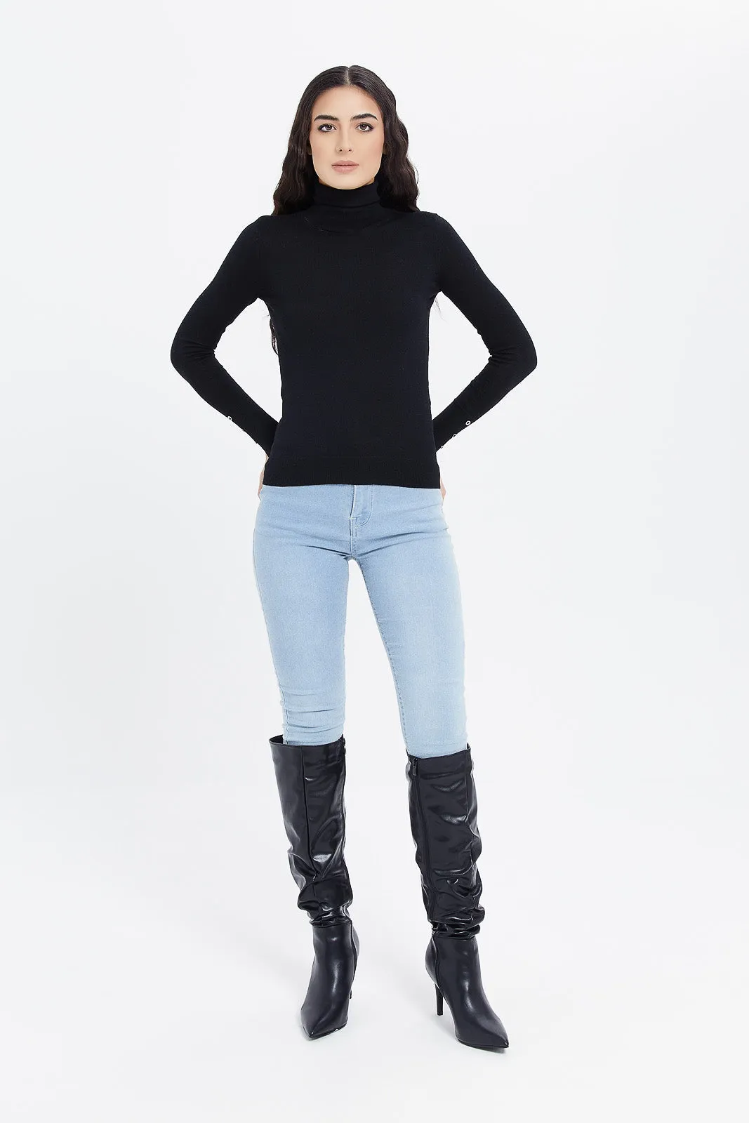 Women Black Turtle Neck Pullover