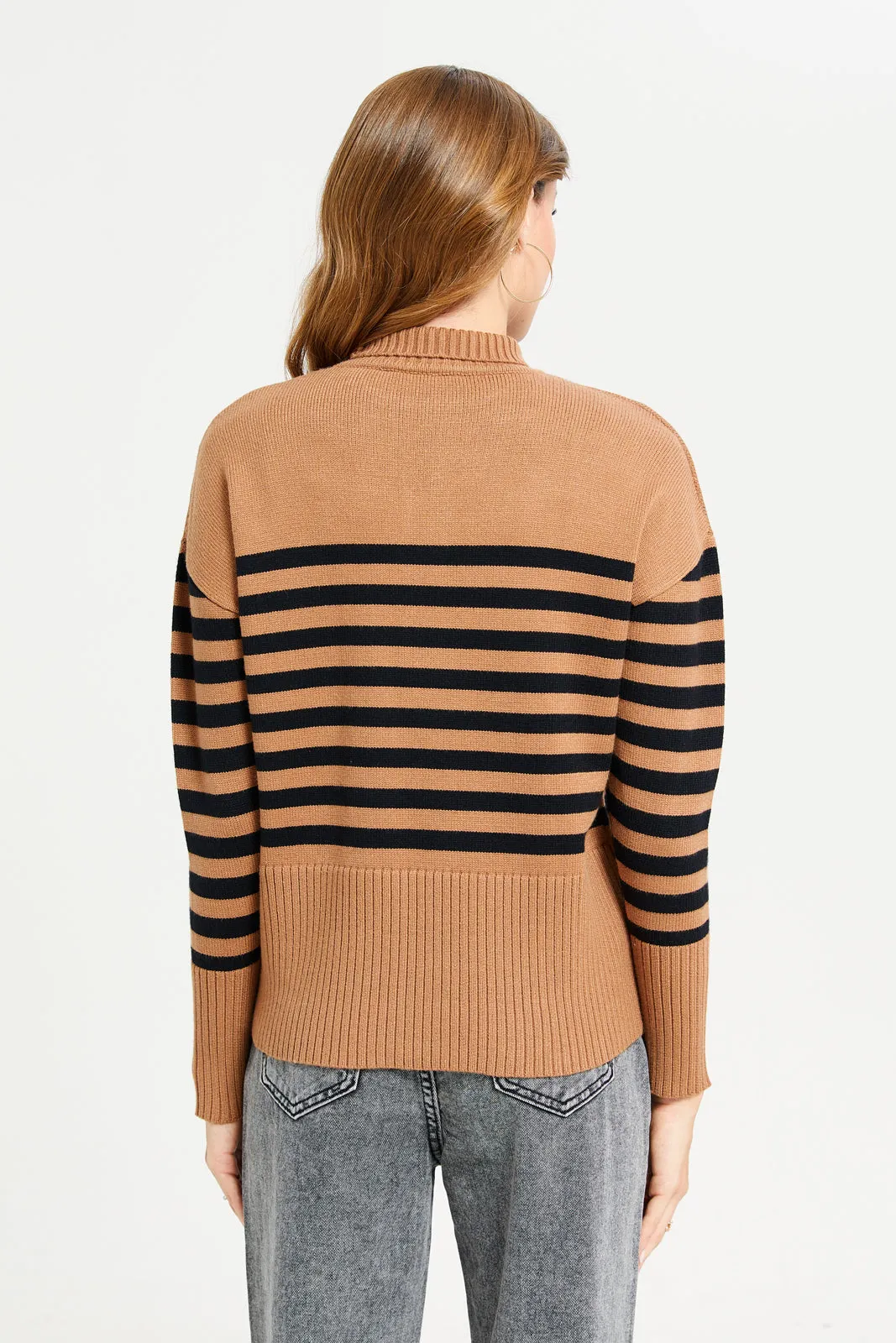 Women Brown And Black Striped High Neck Longline Pullover