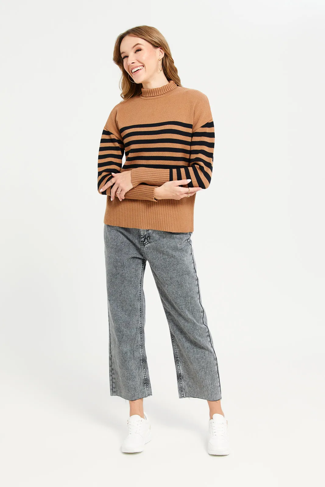 Women Brown And Black Striped High Neck Longline Pullover