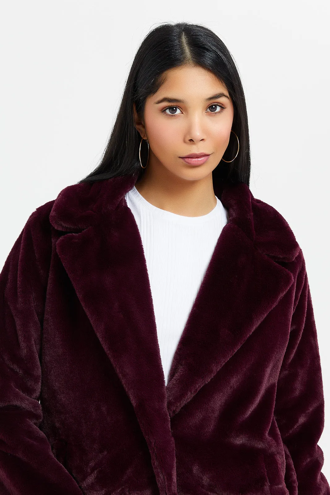 Women Burgundy Faux Fur Coat