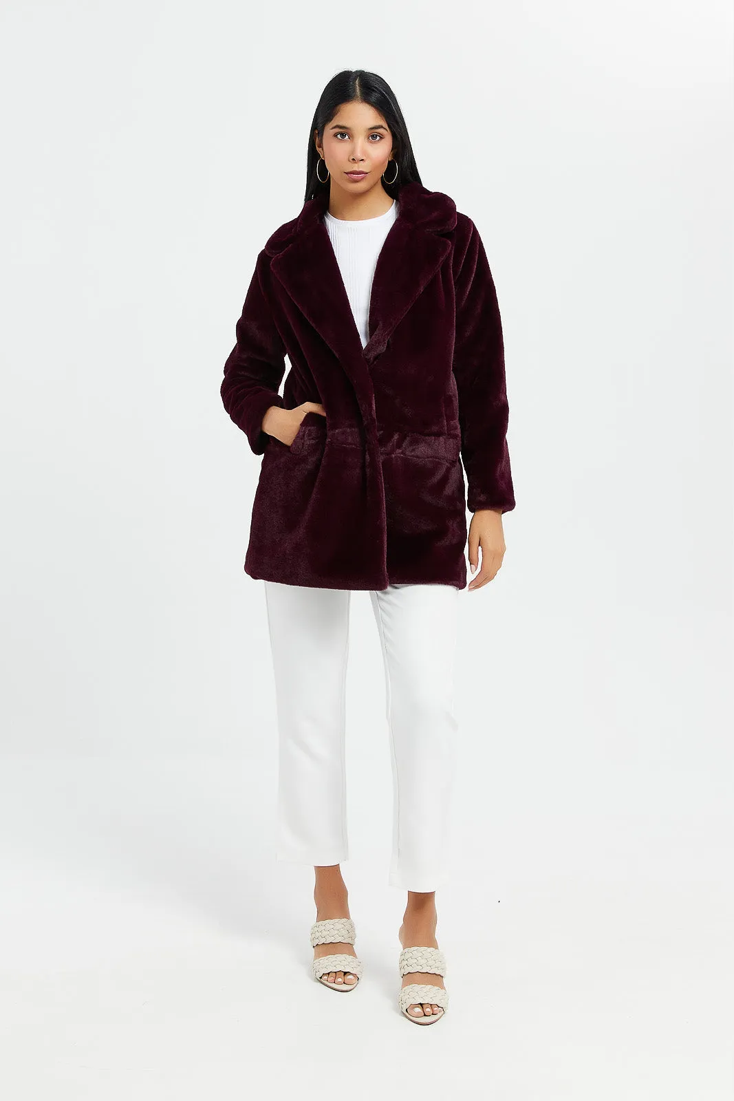 Women Burgundy Faux Fur Coat