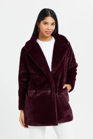 Women Burgundy Faux Fur Coat