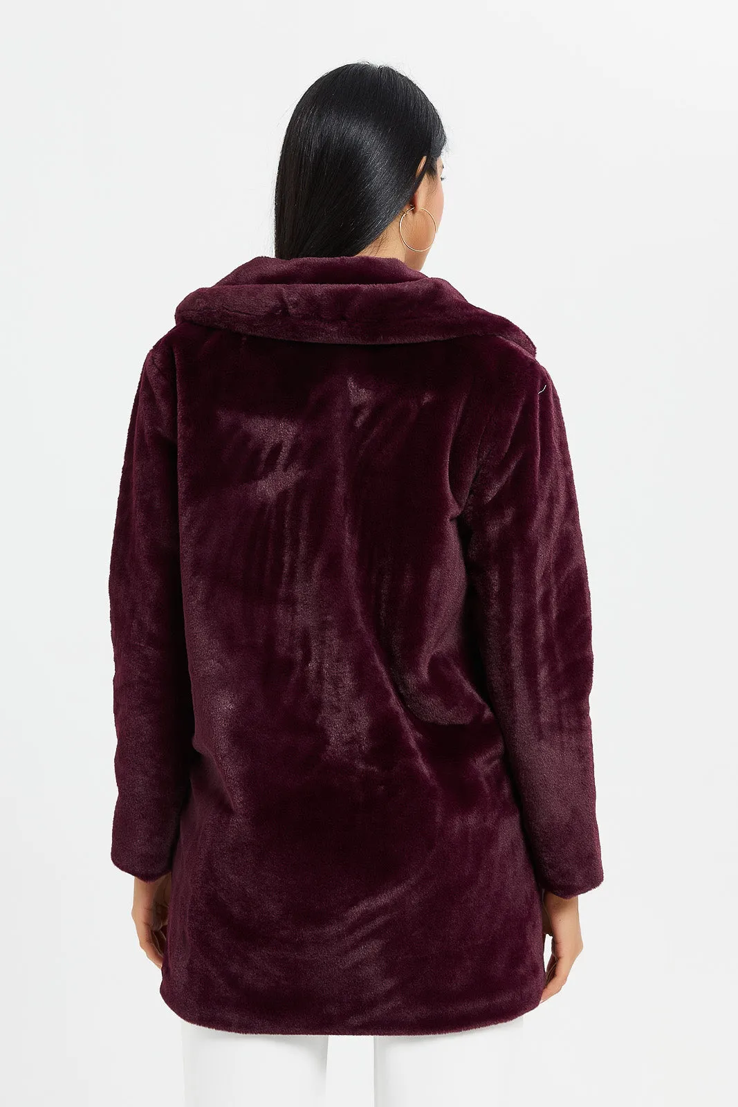 Women Burgundy Faux Fur Coat