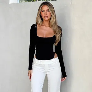 Women Clothing Autumn Sexy Sexy U Collar Hollow Out Cutout out Elegant Slim Fit Long Sleeve Jumpsuit for Women