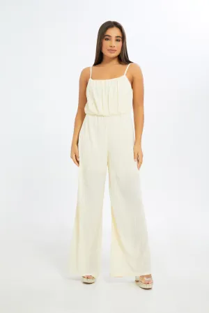 Women Cream Plisse Strappy Jumpsuit