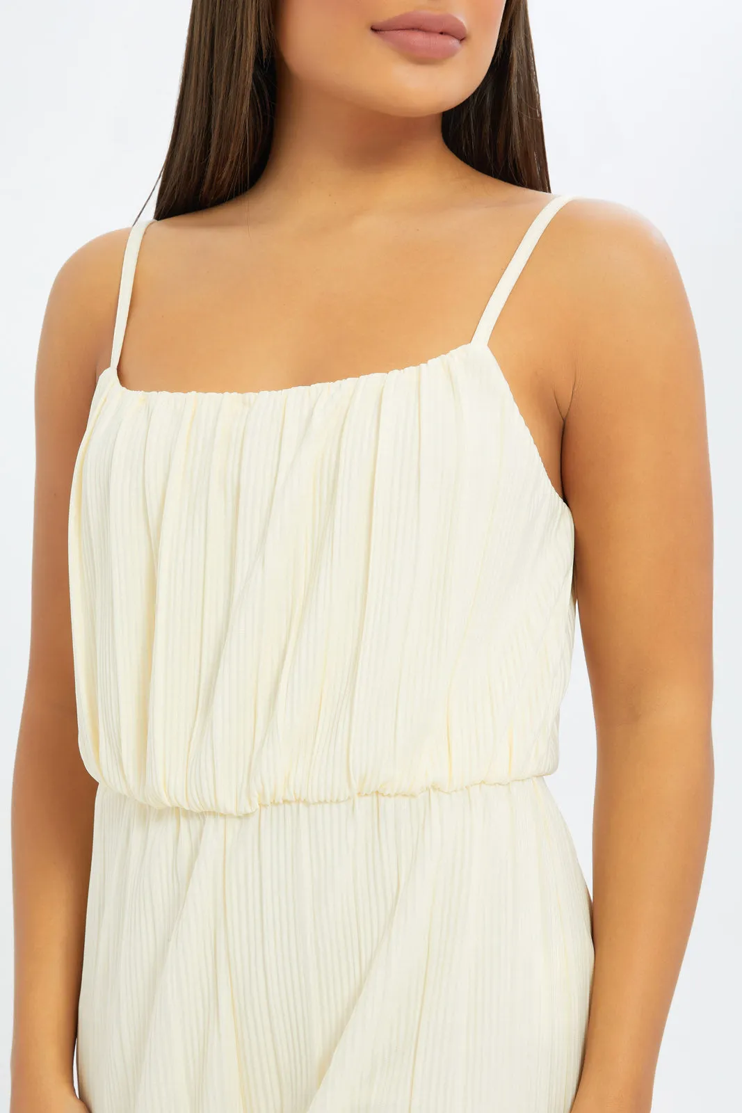 Women Cream Plisse Strappy Jumpsuit