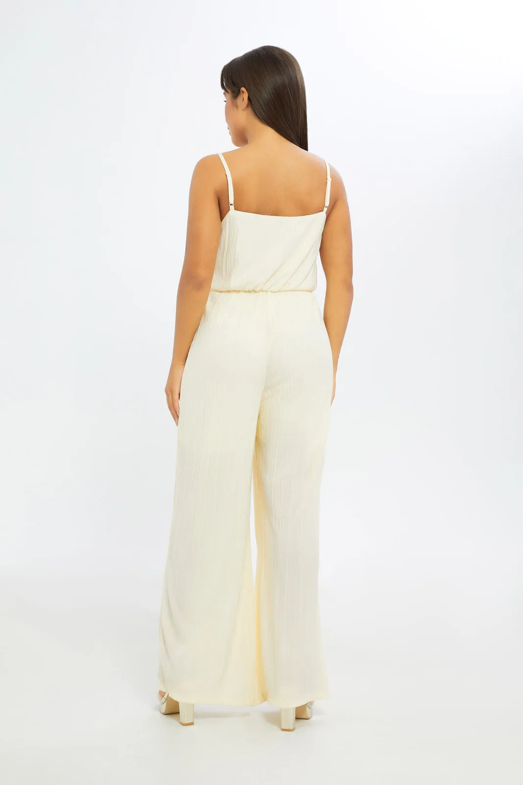 Women Cream Plisse Strappy Jumpsuit