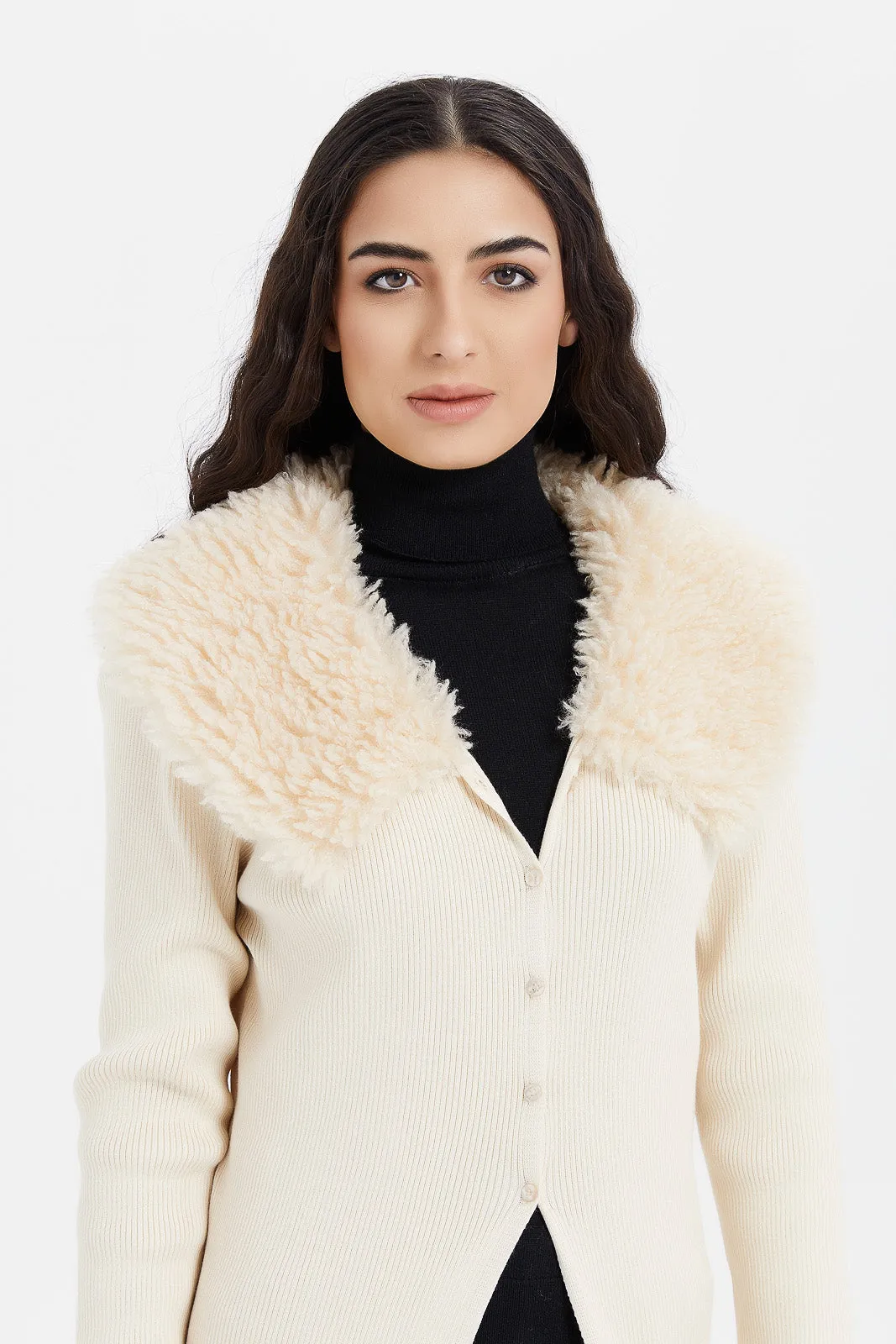 Women Ecru Fur Long Jacket