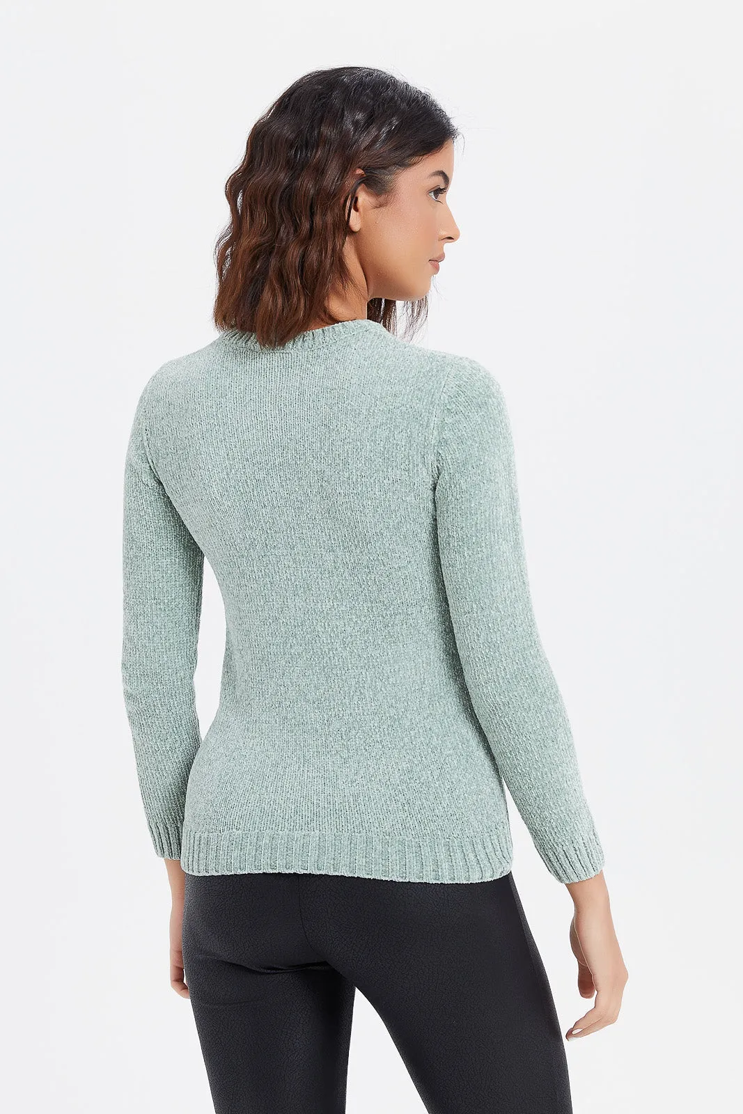 Women Green Chenille Pullover