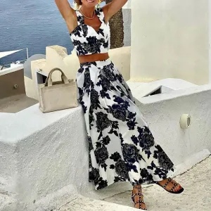 Women Holiday Floral Print Hawaii Beach Sexy Sleeveless V-neck Blouse Tops High Waist Skirt Summer Set