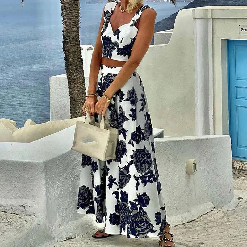 Women Holiday Floral Print Hawaii Beach Sexy Sleeveless V-neck Blouse Tops High Waist Skirt Summer Set