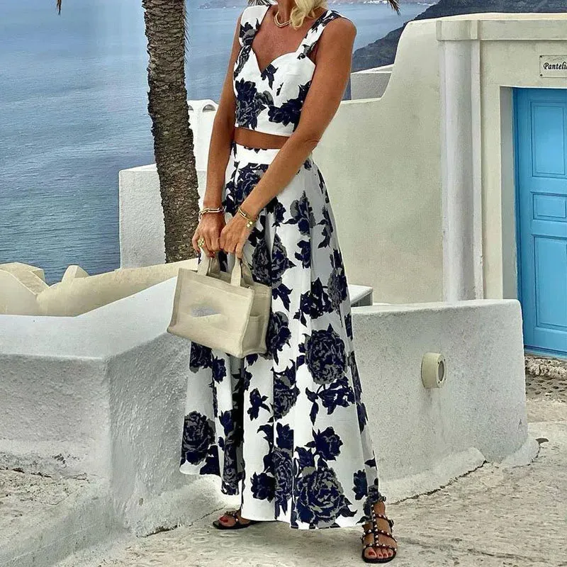 Women Holiday Floral Print Hawaii Beach Sexy Sleeveless V-neck Blouse Tops High Waist Skirt Summer Set