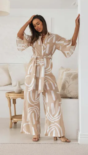 Women Printing Collared Five Quarter Sleeve Belt Long Jumpsuit