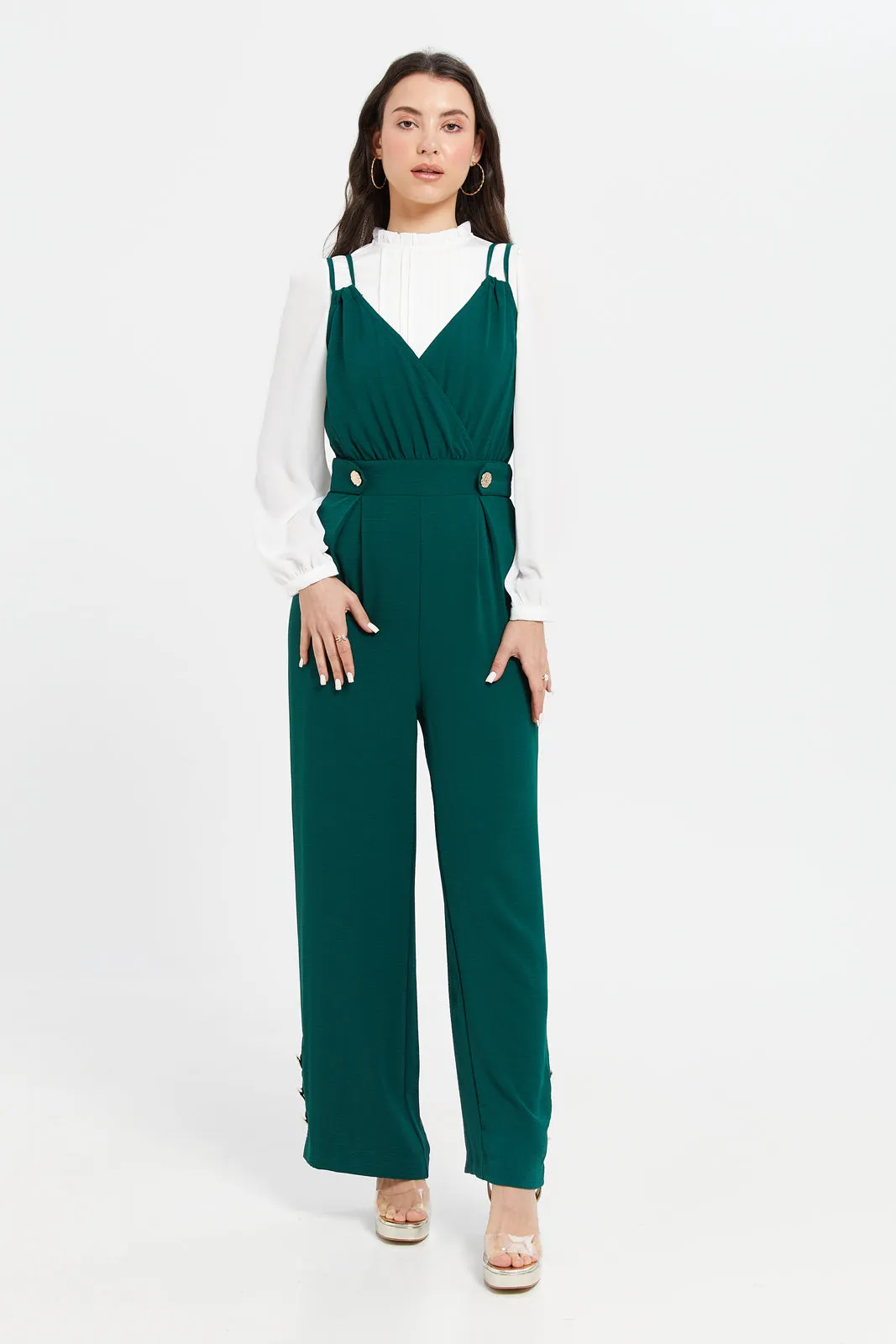 Women Teal Jumpsuit With Gold Button Details