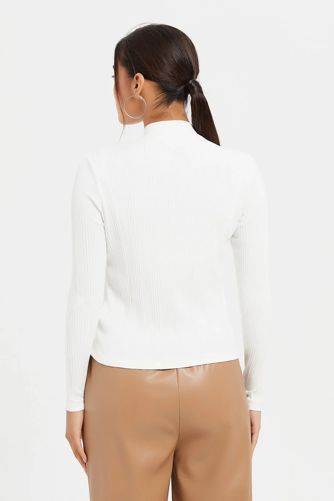 Women White Zip Textured Pullover