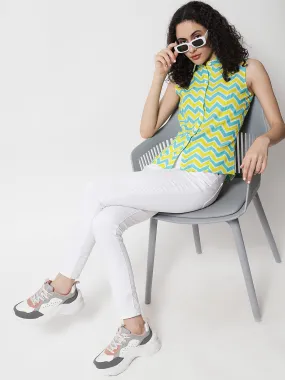 Women Yellow Zig-Zag Printed Sleeveless Shirt