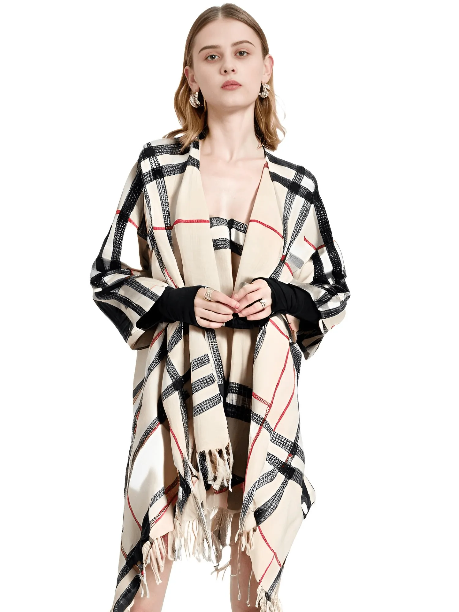 Women's Cashmere Feeling Shawl Lady Classic Plaid Cape Spring Autumn Retro Cardigan Winter Cloak with Tassels Soft Large