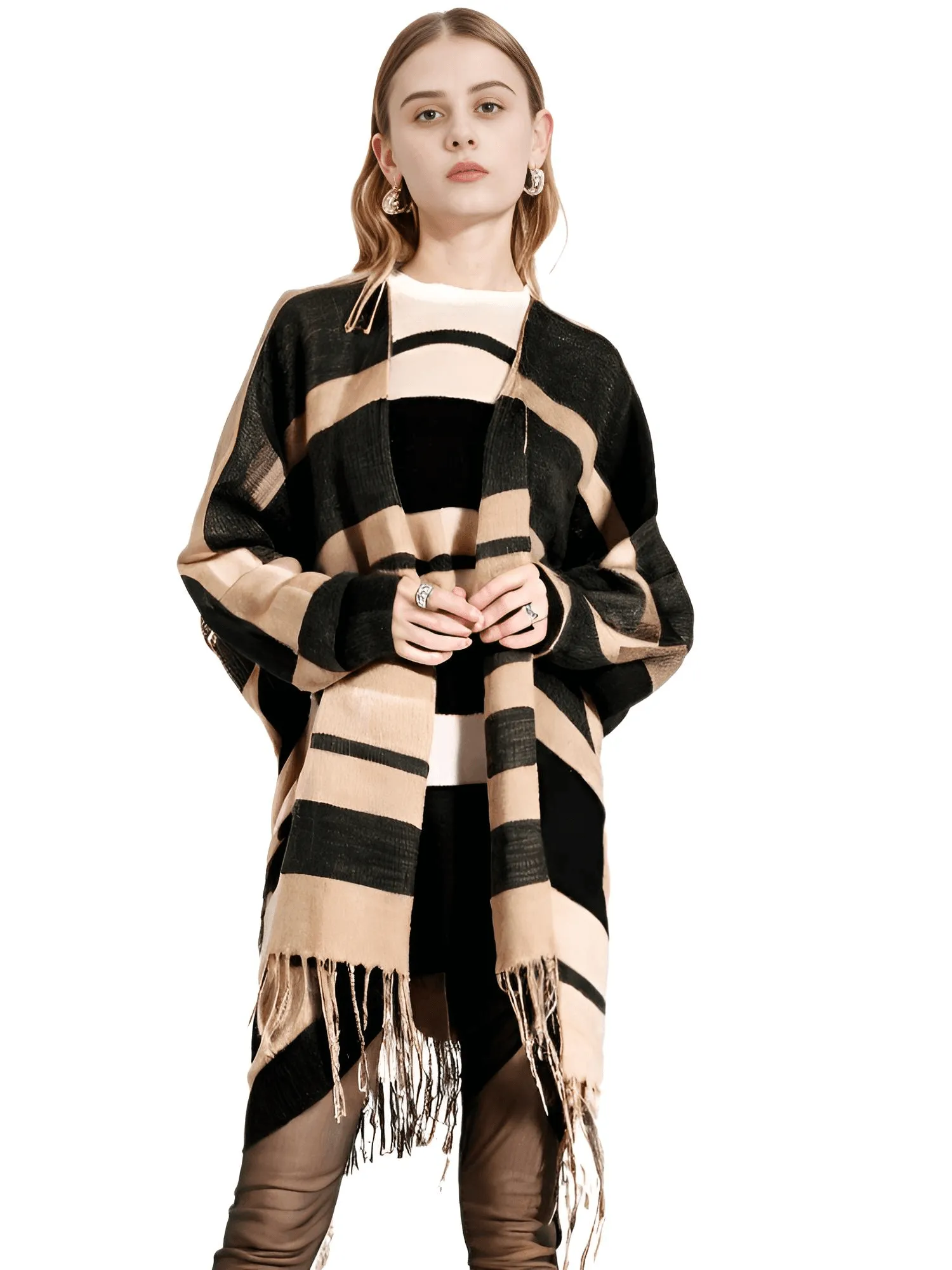 Women's Cashmere Feeling Shawl Lady Classic Plaid Cape Spring Autumn Retro Cardigan Winter Cloak with Tassels Soft Large