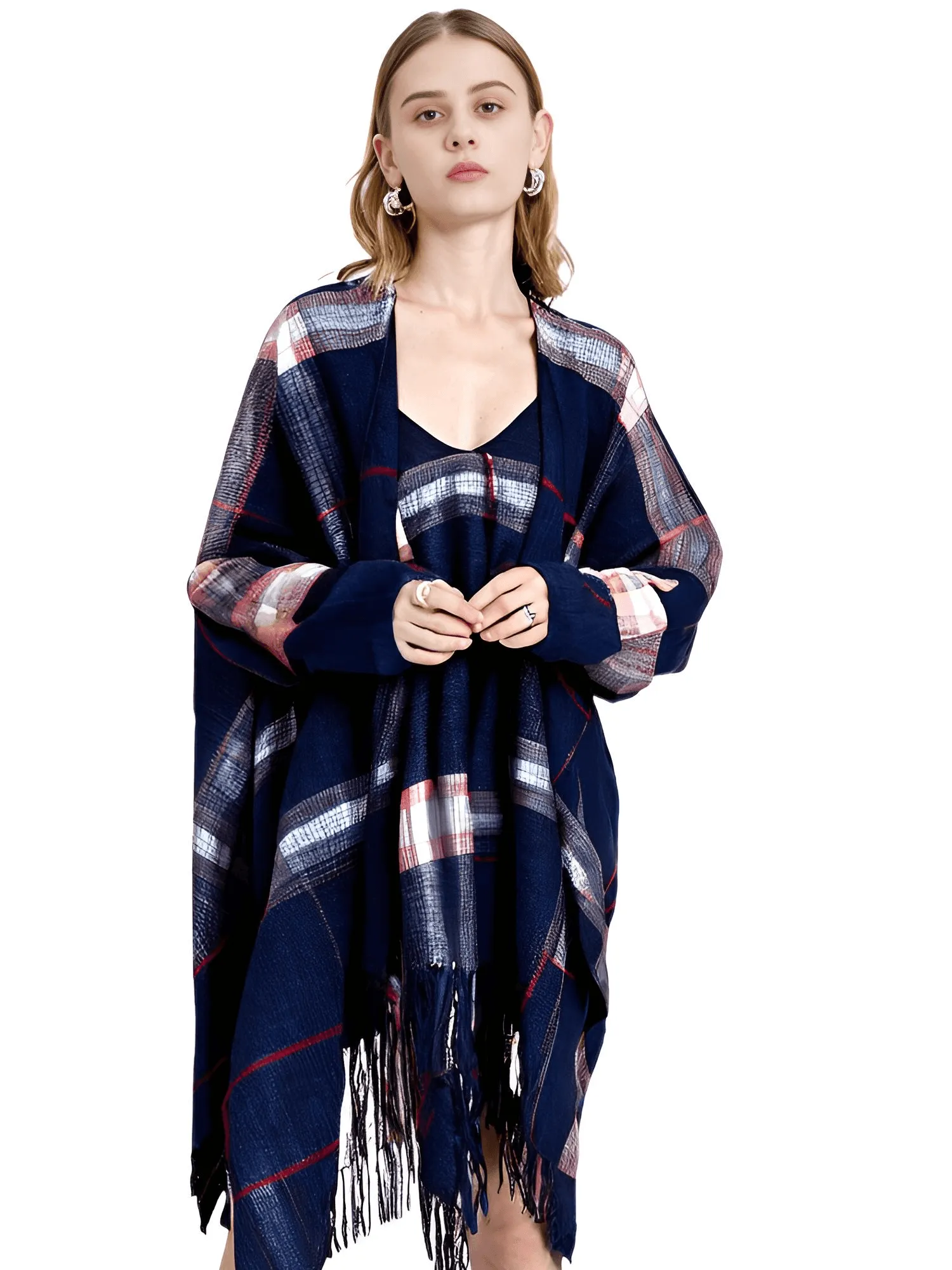 Women's Cashmere Feeling Shawl Lady Classic Plaid Cape Spring Autumn Retro Cardigan Winter Cloak with Tassels Soft Large