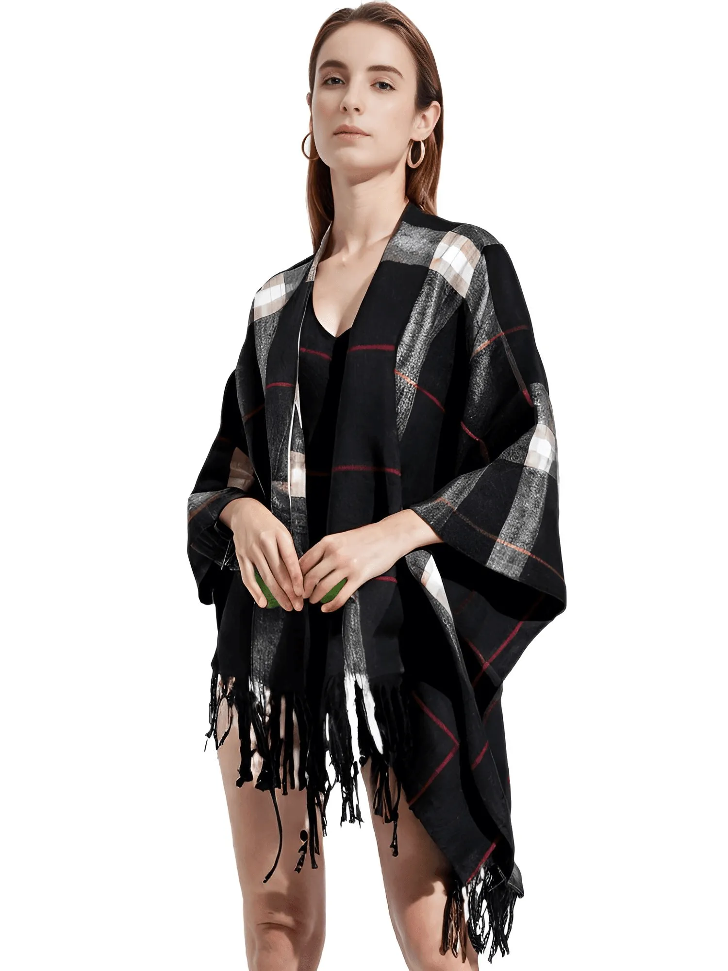 Women's Cashmere Feeling Shawl Lady Classic Plaid Cape Spring Autumn Retro Cardigan Winter Cloak with Tassels Soft Large