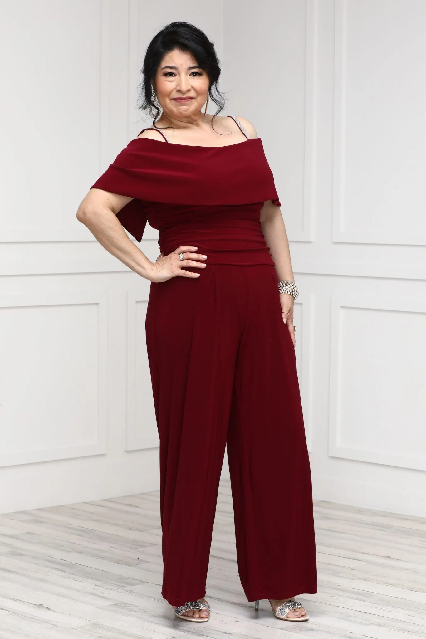 Women's Cold Shoulder Ruched Waist Jumpsuit - Wedding Guest Outfit