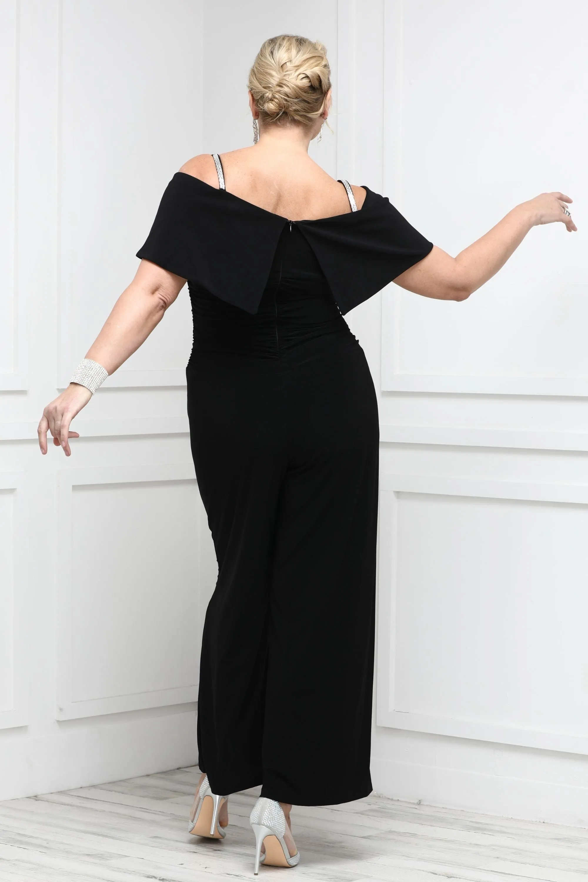 Women's Cold Shoulder Ruched Waist Jumpsuit - Wedding Guest Outfit