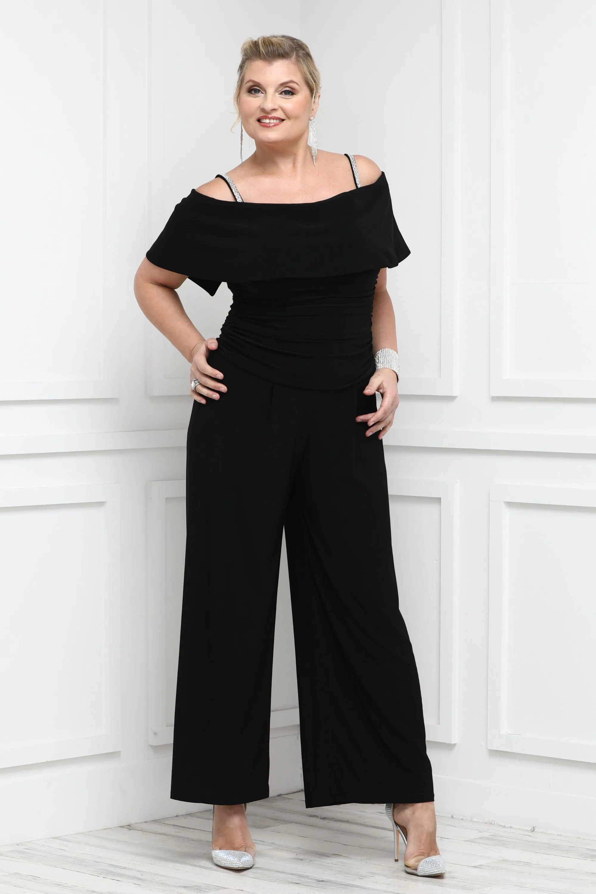 Women's Cold Shoulder Ruched Waist Jumpsuit - Wedding Guest Outfit