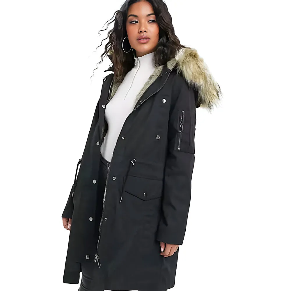 Women's Double Layer Faux Fur Midi Jacket,Black