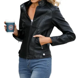 Women's Leather Jacket, Solid Color Slim Fit Zipper Thin Stand Collar Motorcycle Fashion Casual Plus Size Outerwear