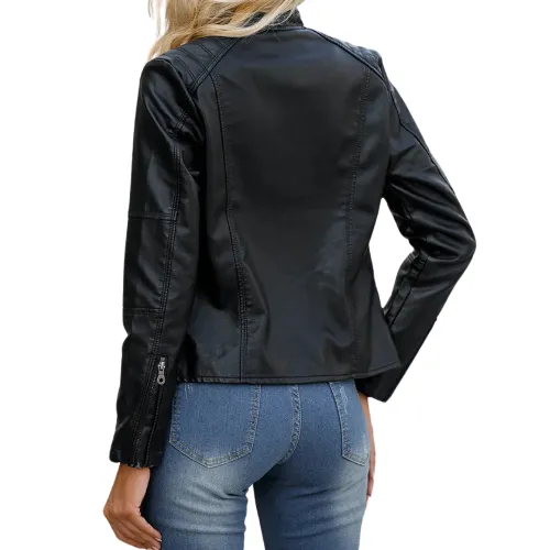 Women's Leather Jacket, Solid Color Slim Fit Zipper Thin Stand Collar Motorcycle Fashion Casual Plus Size Outerwear