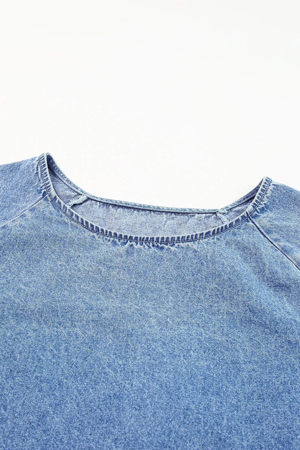 Womens Long Sleeve Crew Neck Denim Top Distressed Denim Raw Edge T Shirt