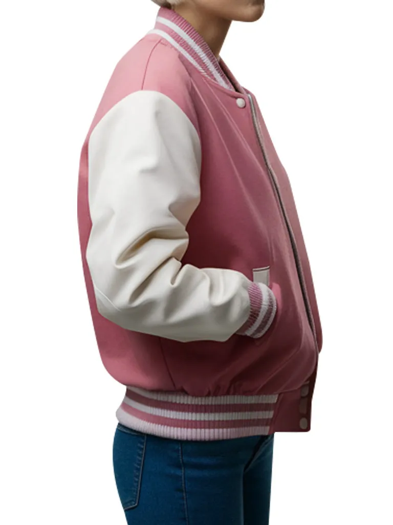 Women's Pink and White Varsity Bomber Jacket