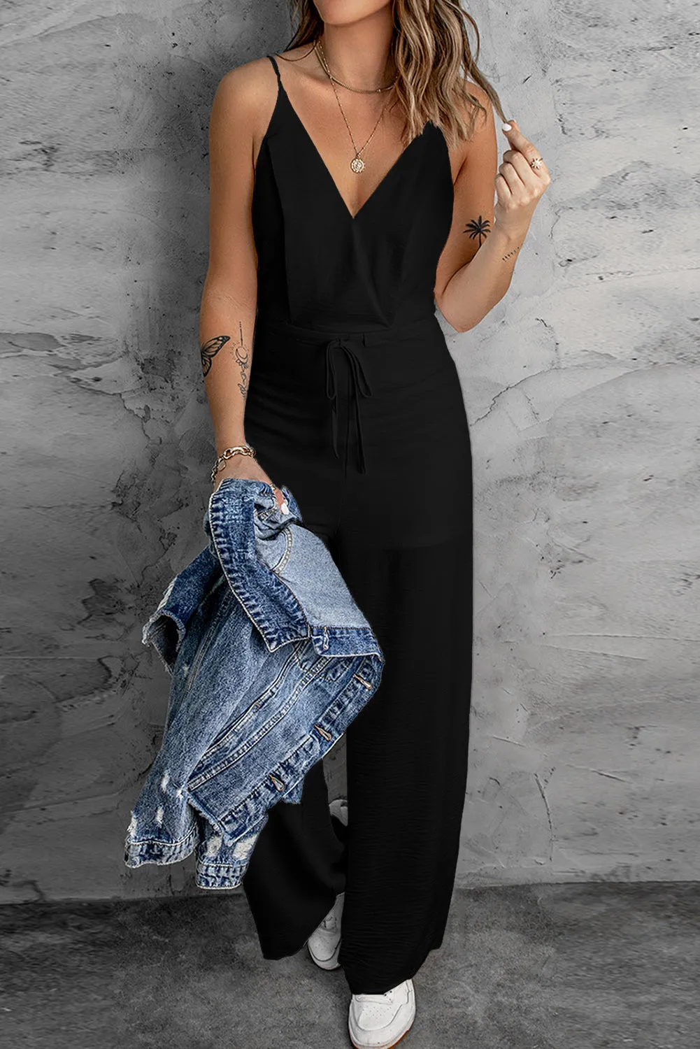 Women's Solid Spaghetti Strap Wide Leg Drawstring High Waist Jumpsuit