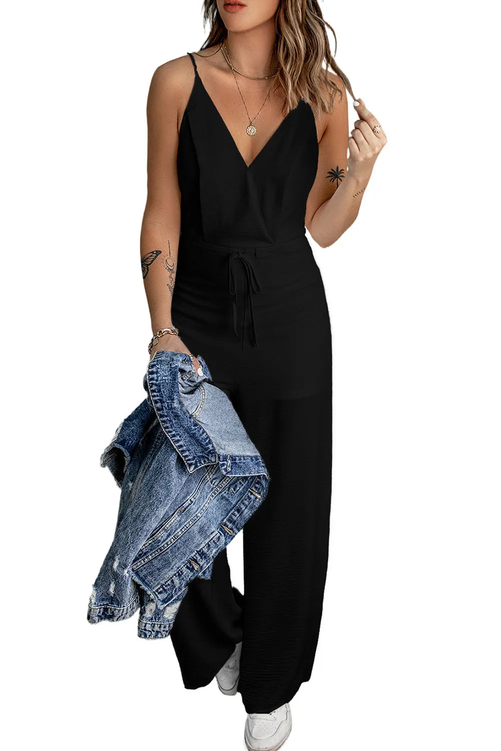 Women's Solid Spaghetti Strap Wide Leg Drawstring High Waist Jumpsuit