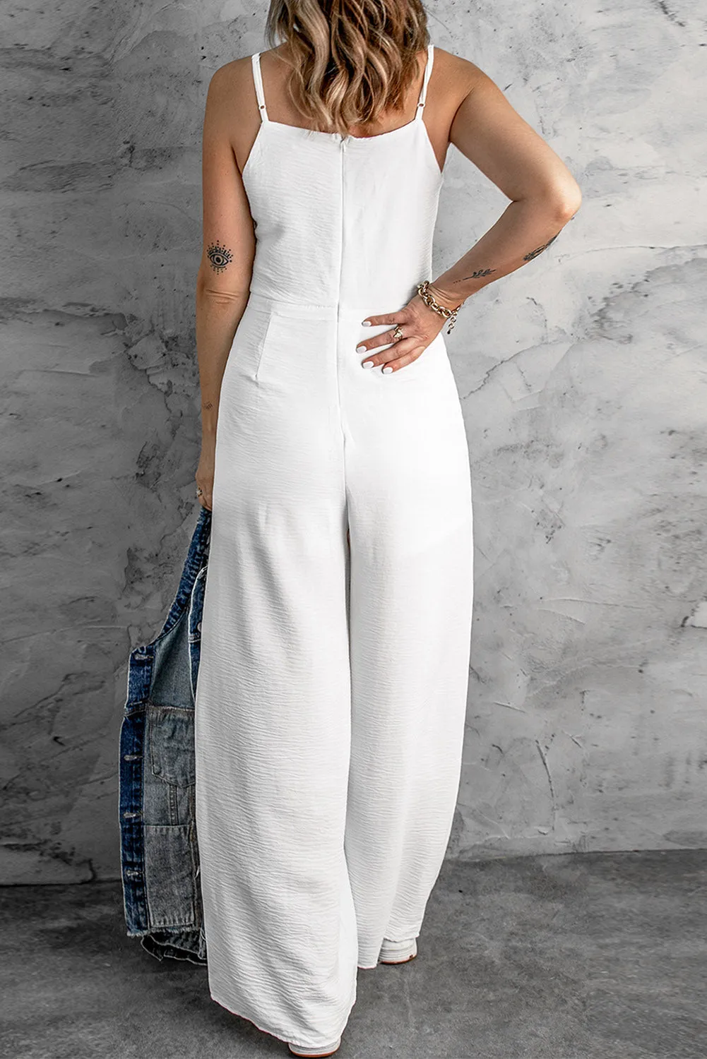 Women's Solid Spaghetti Strap Wide Leg Drawstring High Waist Jumpsuit