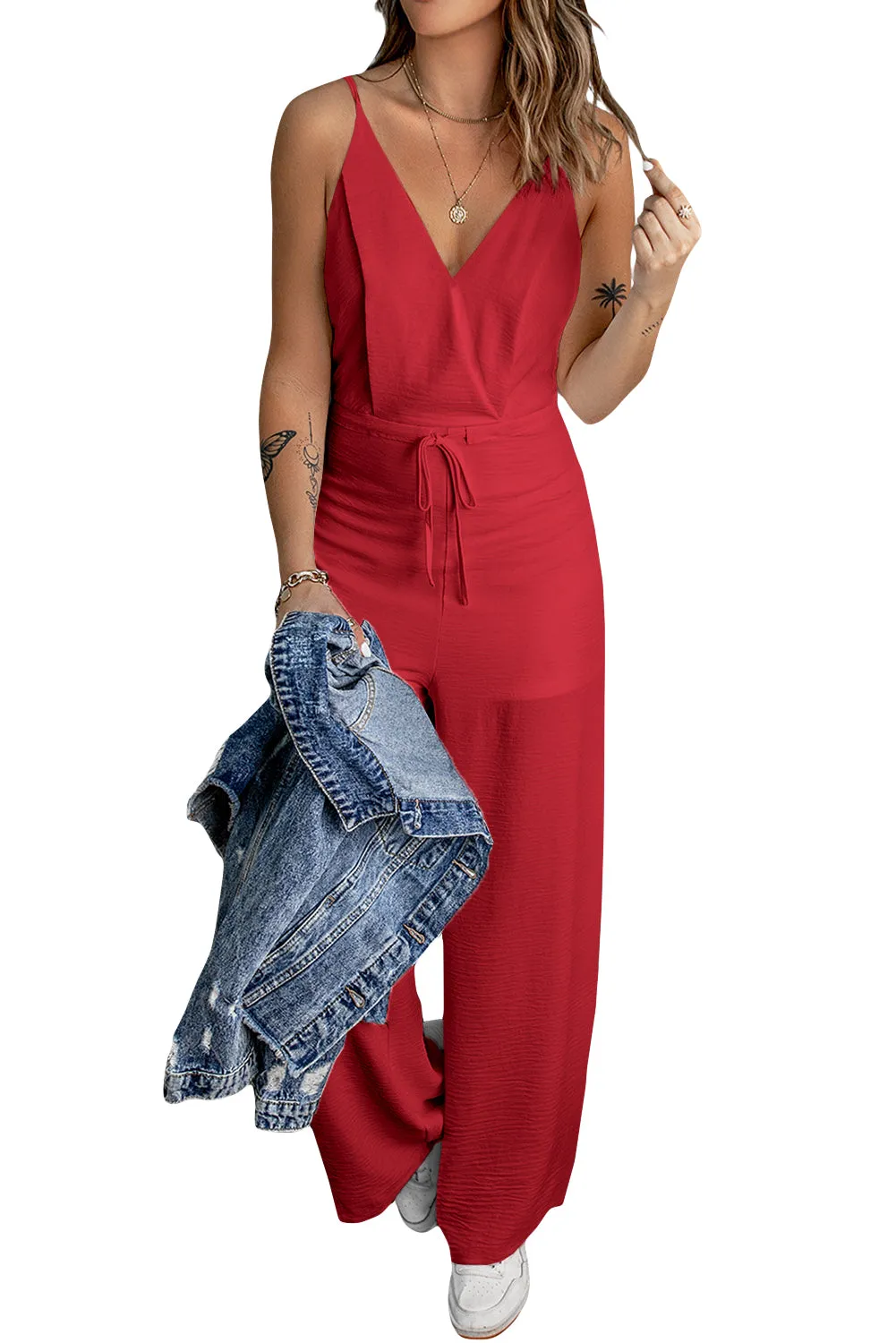 Women's Solid Spaghetti Strap Wide Leg Drawstring High Waist Jumpsuit