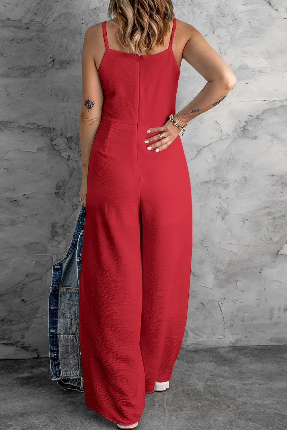 Women's Solid Spaghetti Strap Wide Leg Drawstring High Waist Jumpsuit