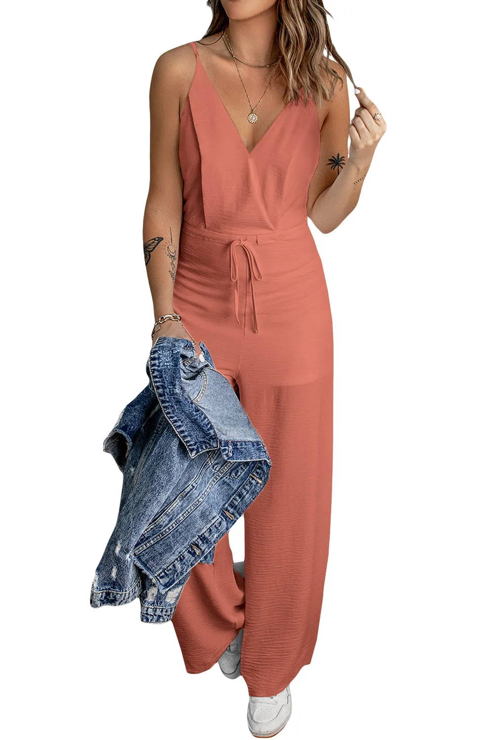 Women's Solid Spaghetti Strap Wide Leg Drawstring High Waist Jumpsuit