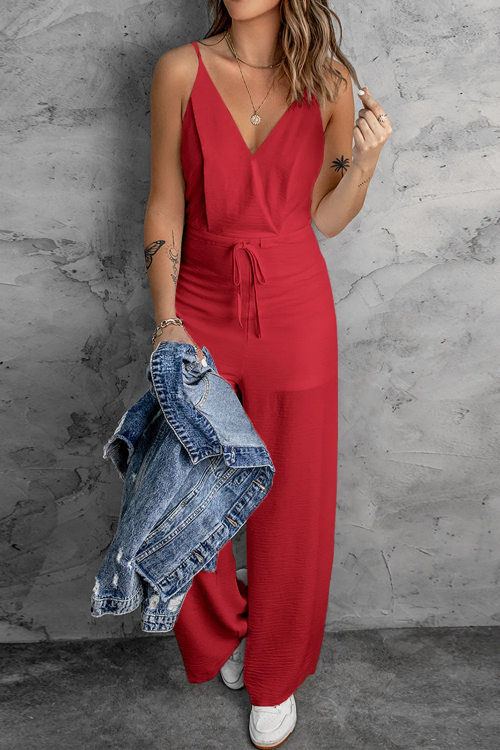 Women's Solid Spaghetti Strap Wide Leg Drawstring High Waist Jumpsuit