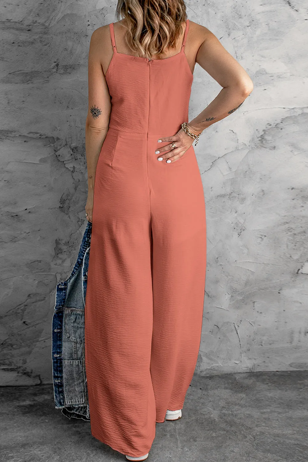 Women's Solid Spaghetti Strap Wide Leg Drawstring High Waist Jumpsuit