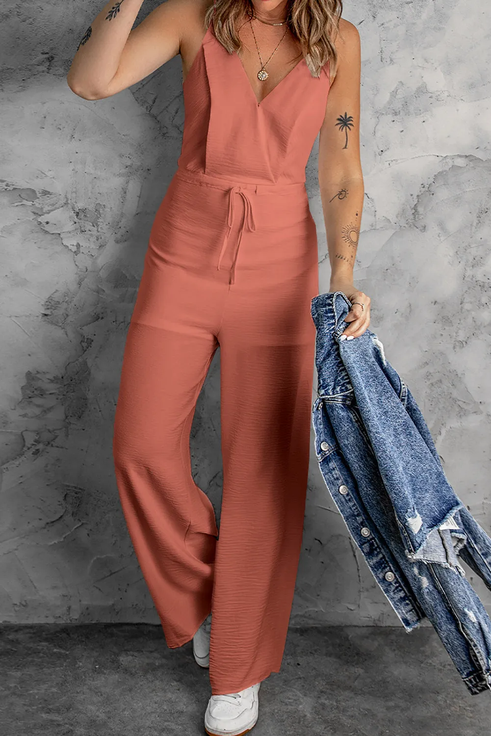 Women's Solid Spaghetti Strap Wide Leg Drawstring High Waist Jumpsuit