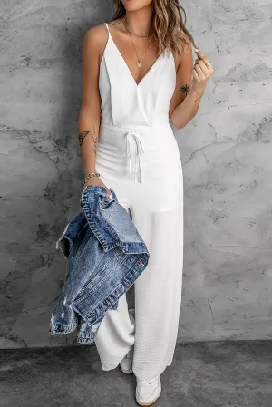 Women's Solid Spaghetti Strap Wide Leg Drawstring High Waist Jumpsuit