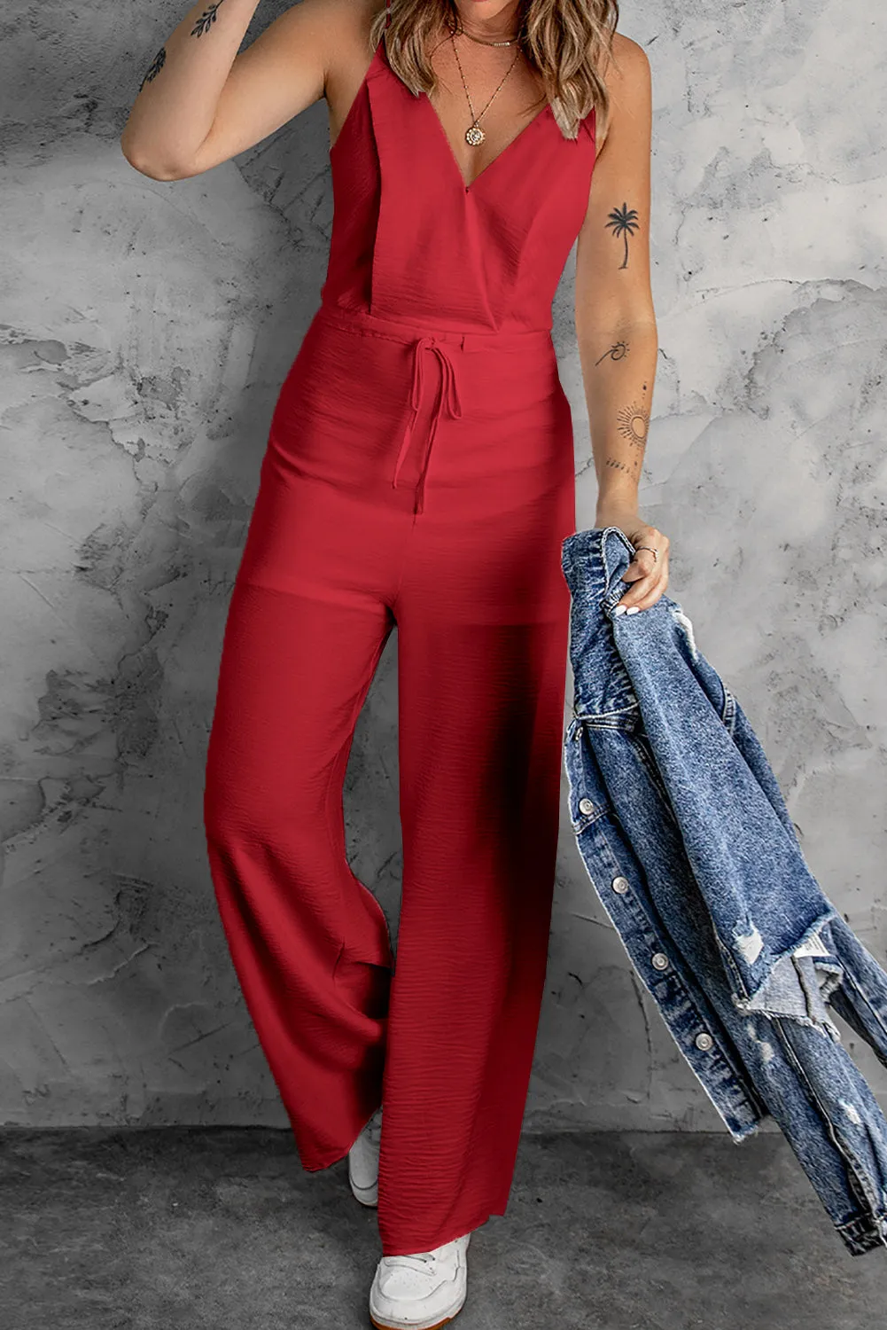 Women's Solid Spaghetti Strap Wide Leg Drawstring High Waist Jumpsuit