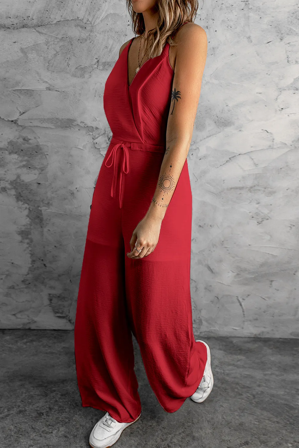 Women's Solid Spaghetti Strap Wide Leg Drawstring High Waist Jumpsuit