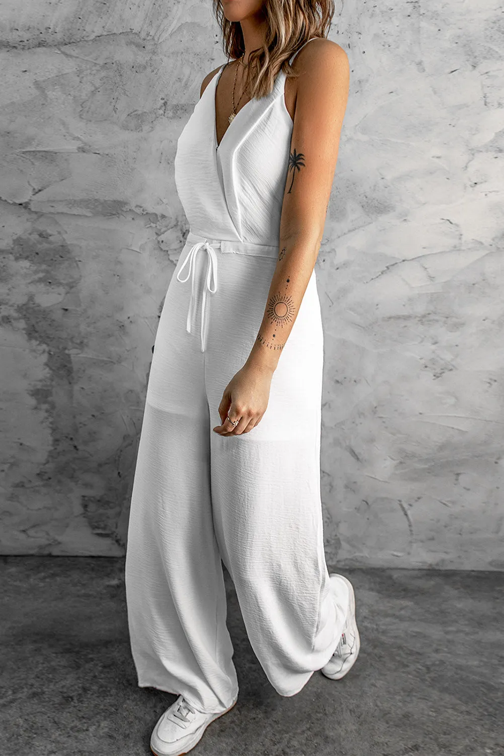 Women's Solid Spaghetti Strap Wide Leg Drawstring High Waist Jumpsuit