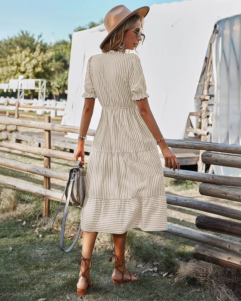 Women's Striped Lantern Sleeve Summer Causal V-neck Dress