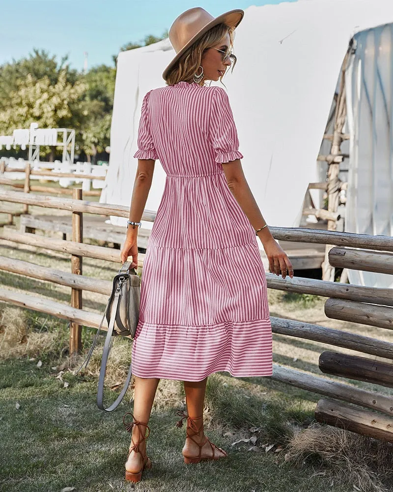 Women's Striped Lantern Sleeve Summer Causal V-neck Dress