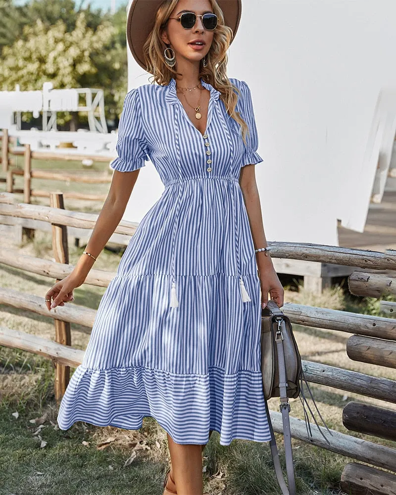 Women's Striped Lantern Sleeve Summer Causal V-neck Dress