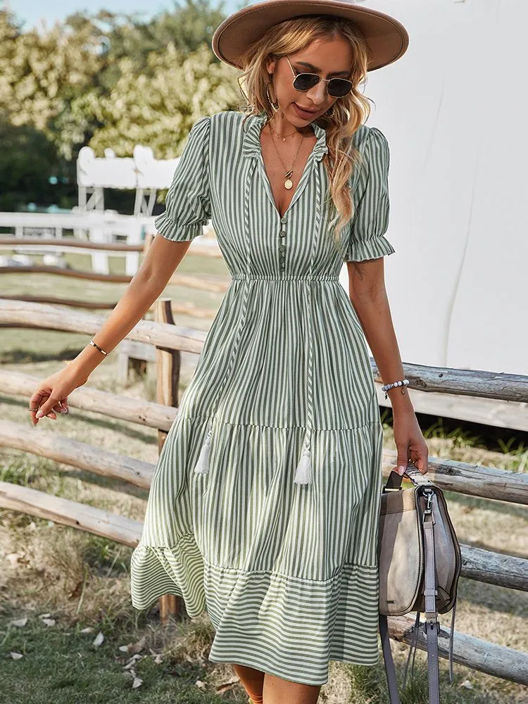 Women's Striped Lantern Sleeve Summer Causal V-neck Dress