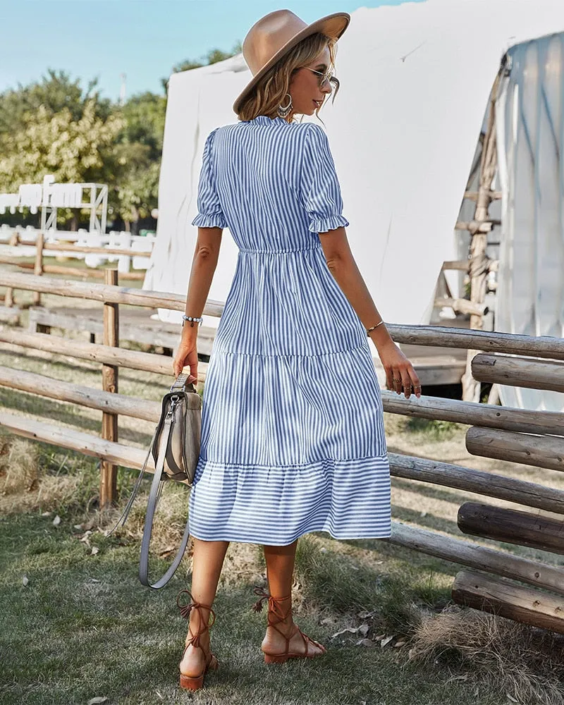 Women's Striped Lantern Sleeve Summer Causal V-neck Dress